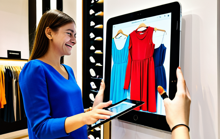 Personalized Shopping Experience**
"A vibrant, modern clothing store in Barcelona, Spain. A young woman is smiling as a shop assistant shows her a selection of dresses on a tablet. The tablet displays a personalized recommendation based on her past purchases. The clothing is stylish but modest and appropriate. Atmosphere is warm and inviting. perfect anatomy, correct proportions, natural pose, well-formed hands, proper finger count, natural body proportions, fully clothed, appropriate attire, safe for work, professional, family-friendly, detailed background, professional photography, high quality."
**