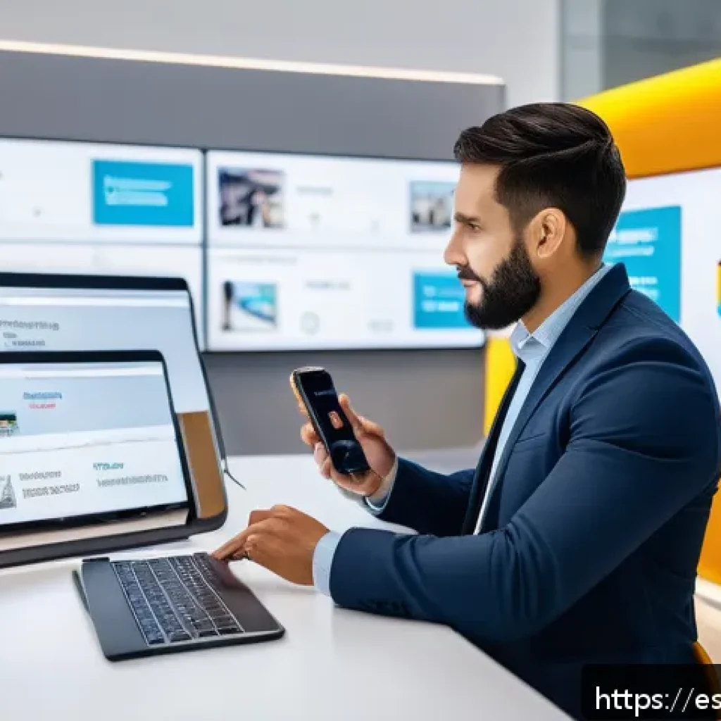 소셜 미디어를 활용한 고객경험 디자인 - A modern customer service center in a vibrant Spanish city, showing diverse professionals using AI-p...