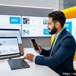 소셜 미디어를 활용한 고객경험 디자인 - A modern customer service center in a vibrant Spanish city, showing diverse professionals using AI-p...