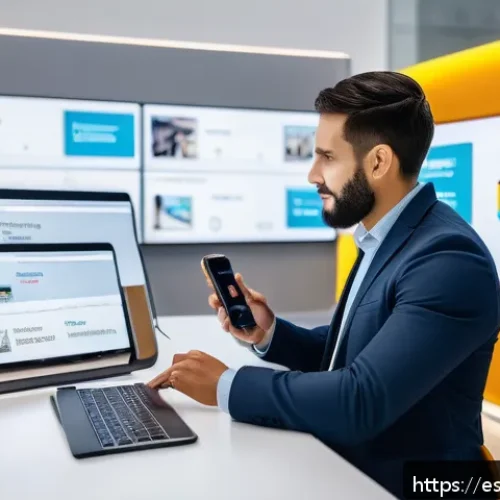 소셜 미디어를 활용한 고객경험 디자인 - A modern customer service center in a vibrant Spanish city, showing diverse professionals using AI-p...