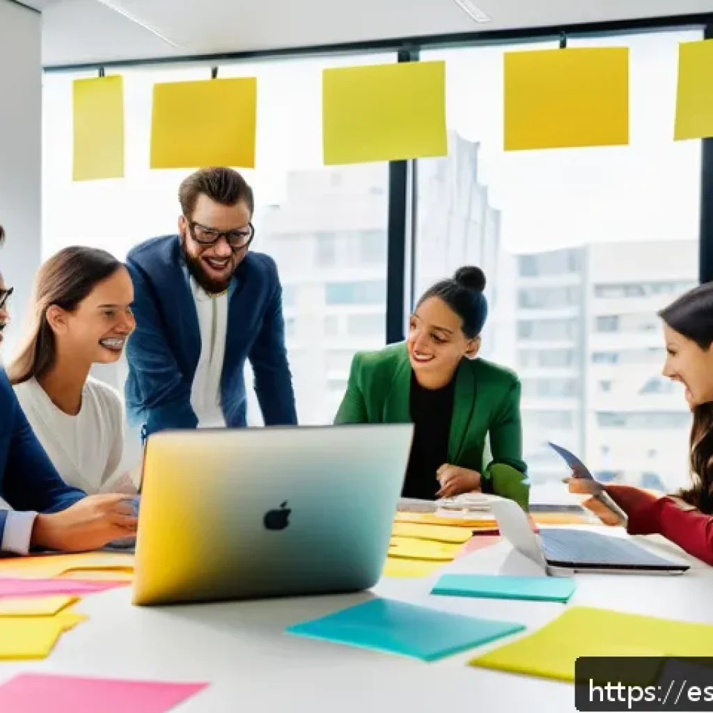 고객경험 디자인에 필요한 팀 구성 및 역할 - A modern, bright office space with a diverse team of professionals collaborating around a large tabl...