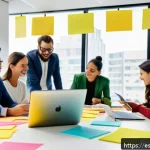 고객경험 디자인에 필요한 팀 구성 및 역할 - A modern, bright office space with a diverse team of professionals collaborating around a large tabl...