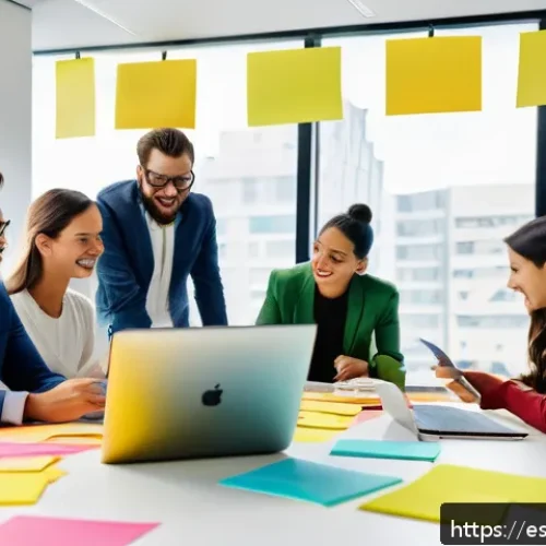 고객경험 디자인에 필요한 팀 구성 및 역할 - A modern, bright office space with a diverse team of professionals collaborating around a large tabl...