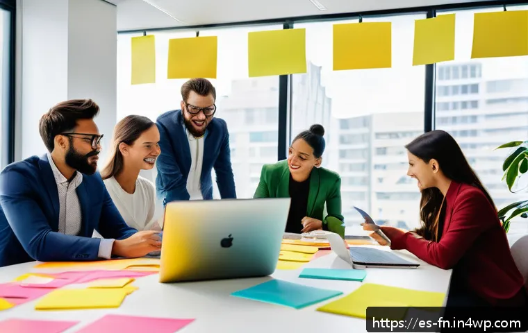 고객경험 디자인에 필요한 팀 구성 및 역할 - A modern, bright office space with a diverse team of professionals collaborating around a large tabl...